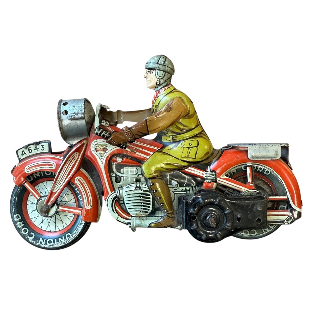 Vintage Arnold A643 Model Tin Toy Motorcycle with Rider Union Cord A643 GF207 - Picture 5 of 16